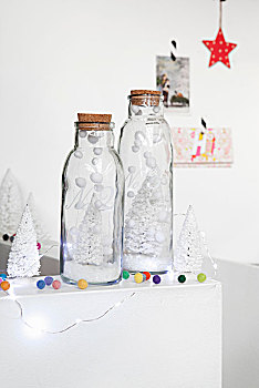 小,白色,圣诞树装饰,玻璃瓶,人造,雪,彩色,球,彩灯