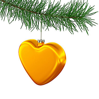 金色,心形,玩具,悬挂,圣诞树,隔绝,白色背景