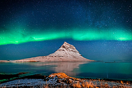 北极光,银河,星系,上方,峡湾,山,斯奈山半岛,冰岛