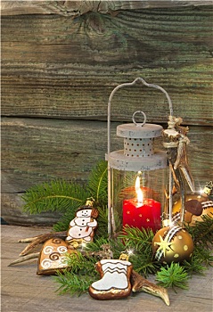 乡村,圣诞节,灯笼,烛光,木质背景