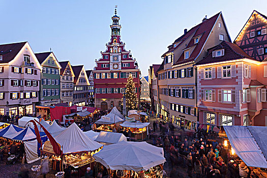 圣诞市场,老市政厅,埃斯林根,内卡河,巴登符腾堡,德国,欧洲