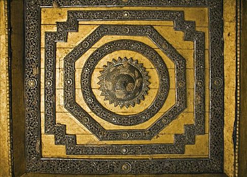 缅甸,装饰,天花板,魅力,木质,圣职授任,大厅,世纪,寺院
