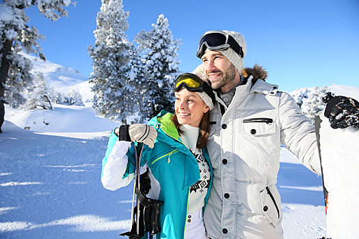 情侣,滑雪,看,雪,风景