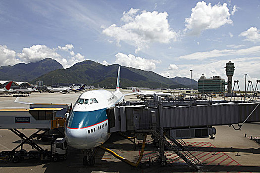 中国,香港国际机场,太平洋,波音747,飞机,停靠,航站楼