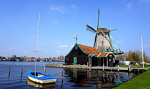 风车,河,船,荷兰