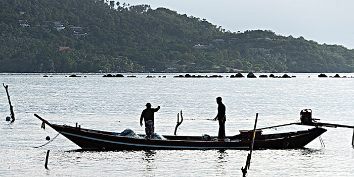 两个,渔民,船,苏梅岛,苏拉塔尼,省,泰国