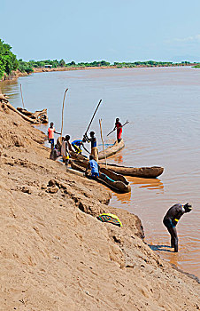 部落,奥莫低谷,埃塞俄比亚,泥,水,挖,室外,独木舟,河
