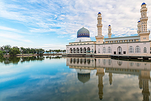 外景,清真寺,刷白,建筑,蓝色,圆顶,反射,水塘