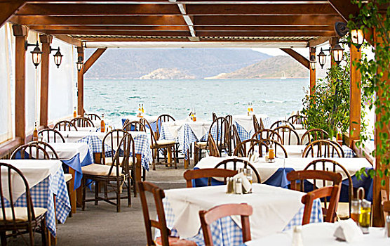 空,街头餐厅,海岸,希腊