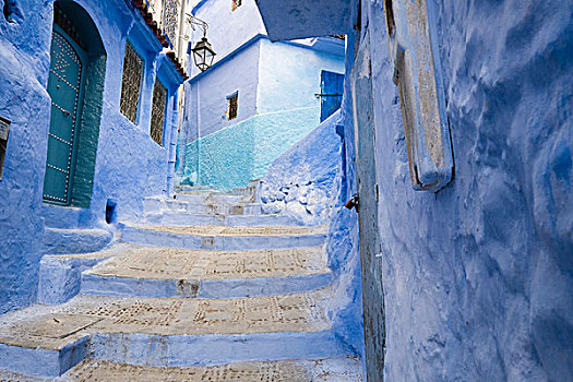 摩洛哥,舍夫沙万,沙温,小,狭窄,街道,涂绘,品种,鲜明,蓝色,彩色