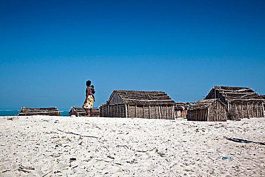 乡村,芦苇,小屋,海滩,西海岸,马达加斯加,非洲