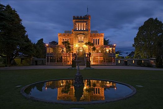 城堡,影象,水塘,喷泉,光亮,泛光灯,新西兰