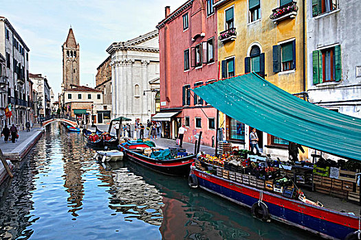 果蔬摊,船,教堂,背影,地区,威尼斯,世界遗产,威尼西亚,意大利,欧洲