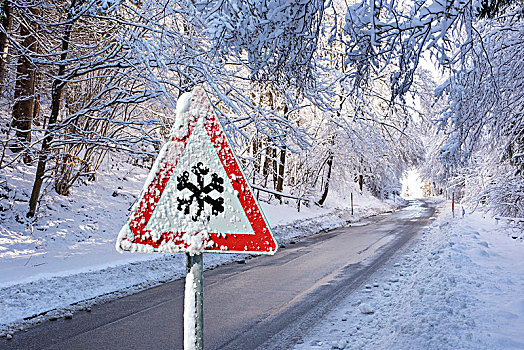警告标识,正面,雪,乡村道路