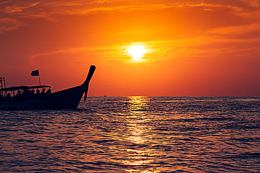 渔船,日落,皮皮岛,泰国