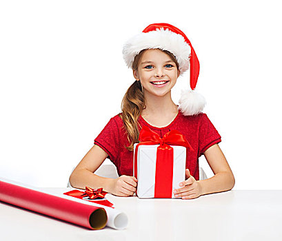 圣诞节,圣诞,冬天,高兴,概念,微笑,女孩,圣诞老人,帽子,礼盒