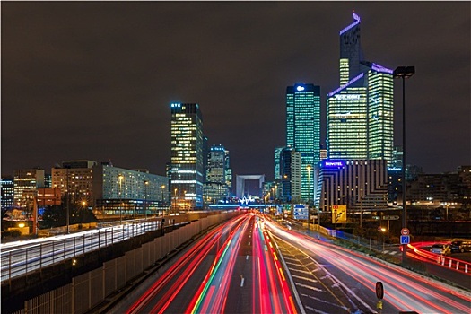 夜晚,道路,摩天大楼,拉德芳斯,巴黎,法国