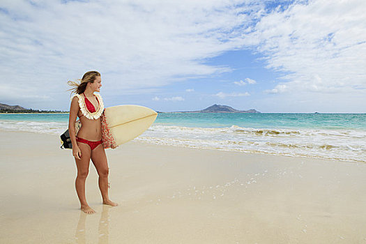 夏威夷,瓦胡岛,女青年,拿着,冲浪板,海滩