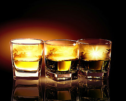 三个,玻璃杯,威士忌,自然,插画