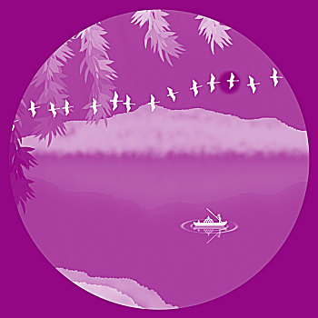 紫色新中式水墨山水画