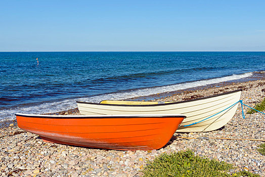 圆石滩,渔民,划艇,波罗的海,丹麦