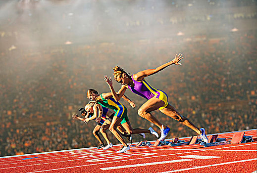 四个,女性,运动员,竞技,赛道,离开,起跑