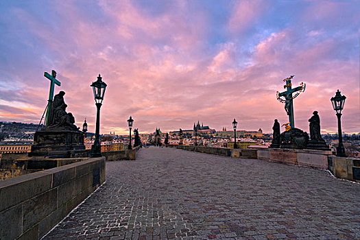 查理大桥,布拉格,捷克共和国,彩色,日出