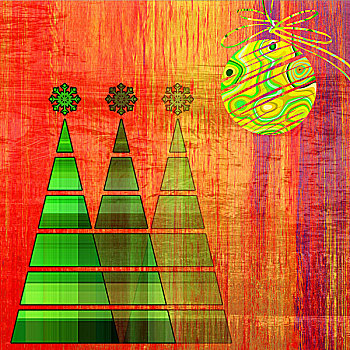 艺术,三个,圣诞树,球,黄金,绿色,彩色,旧式,红色,橙色,图案,背景