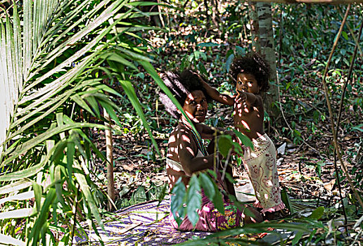 女人,部落,坐,棕榈叶,丛林,孩子,土著,热带雨林,土著人,马来西亚,亚洲
