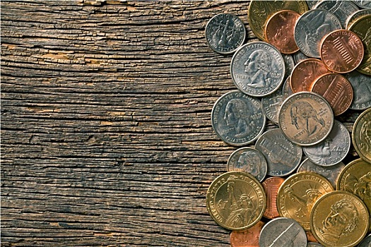 硬币,老,木质背景