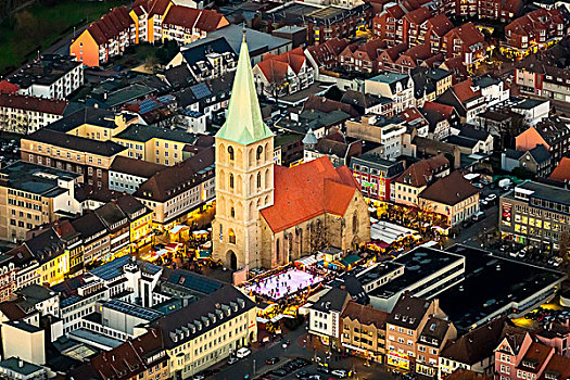 航拍,教堂,圣诞市场,滑冰场,市区,哈姆,地区,北莱茵威斯特伐利亚,德国,欧洲