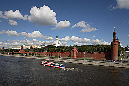 俄罗斯,莫斯科,克里姆林宫,莫斯科河,游船,墙