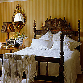 雕刻,木质,床,装饰,枕头,床单