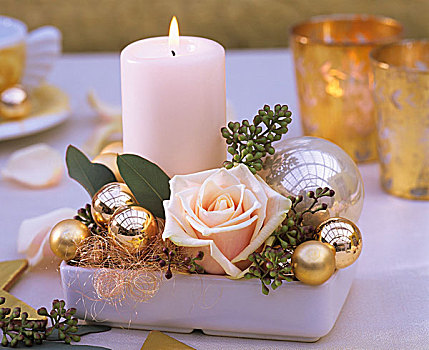 蜡烛,玫瑰,圣诞节饰物,盘子