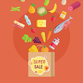 销售,食物杂货,概念,旗帜,纸袋,食物,落下,包,大,超市,最好,价格,水果,蔬菜,乳业,肉,鱼肉,给,矢量