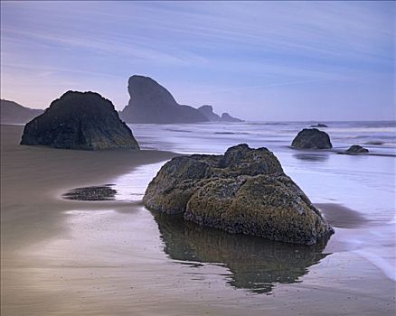 海蚀柱,漂石,溪流,海滩,俄勒冈