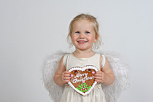 女孩,孩子,圣诞节,天使,心状姜饼,圣诞快乐,德国,欧洲