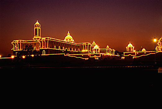总统府,夜晚,新德里,印度