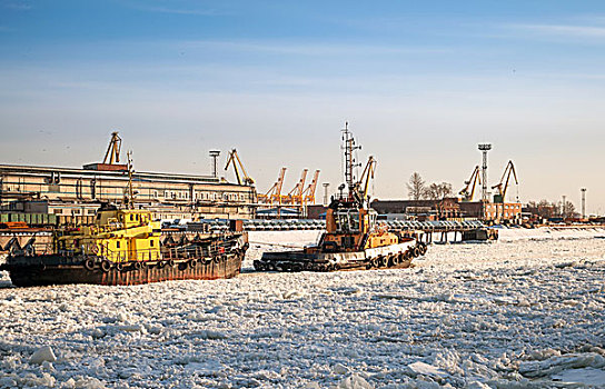 小,托船,船,冰,水道,港口,彼得斯堡,货物