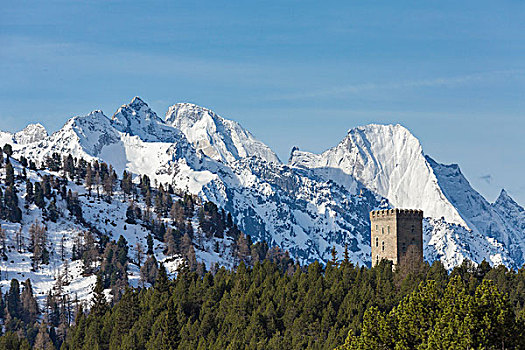 观景楼,塔,框架,遮盖,雪,山谷,格劳宾登,恩格达恩,瑞士,欧洲