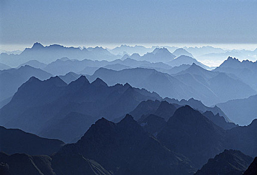 德国,巴伐利亚,山,黎明,白天,早晨,风景,彩色,蓝色