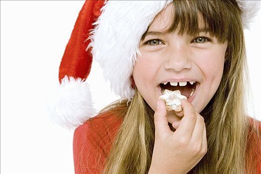 女孩,圣诞帽,吃,肉桂星