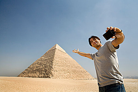 男人,拍照,金字塔,背景