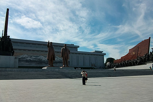 朝鲜平壤万寿台的金日成与金正日巨型铜像