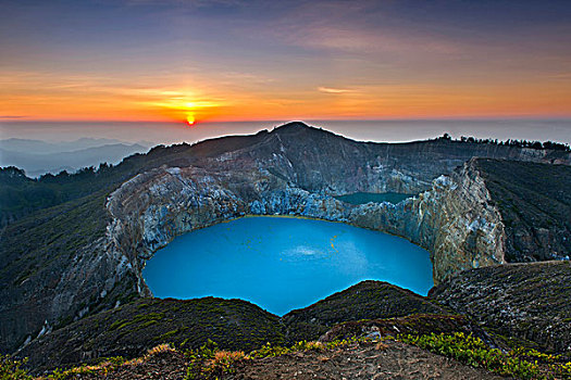 黎明,风景,一个,三个,火山口,湖,顶峰,岛屿,印度尼西亚