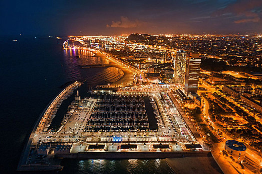 巴塞罗那,海岸,码头,航拍,夜晚,西班牙