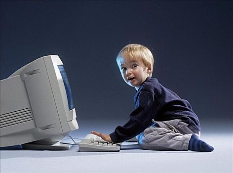 孩子,男孩,电脑,显示屏,键盘,学习,书写