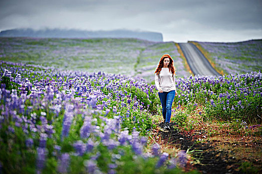 高兴,自信,美女,地点,紫花,南方,冰岛