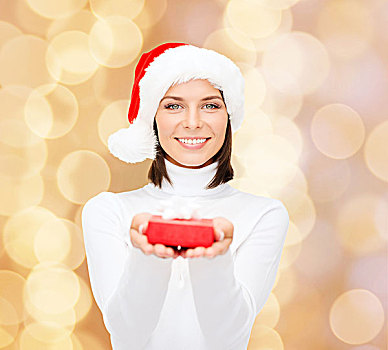 圣诞节,冬天,高兴,休假,人,概念,微笑,女人,圣诞老人,帽子,小,红色,礼盒,上方,米色,背景
