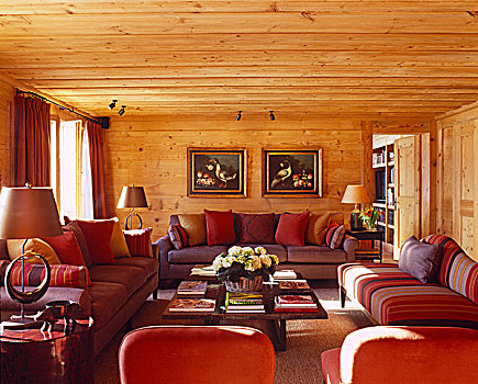 木房子,客厅,舒适,沙发,垫子,红色,紫色
